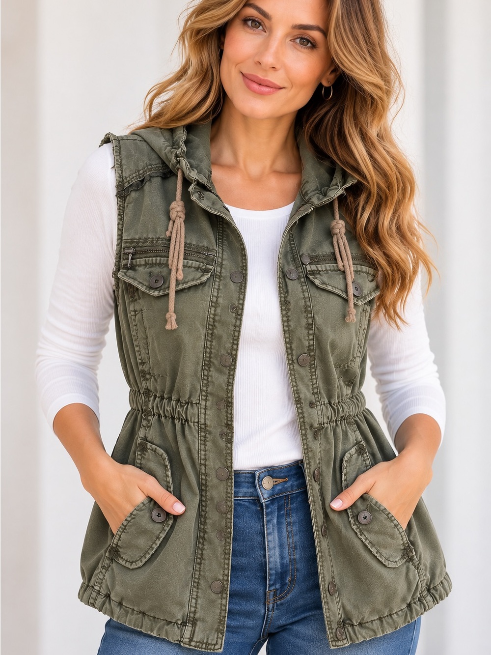 Marrakech Women’s Small Olive Green Hooded Utility Cargo Vest Military Boho